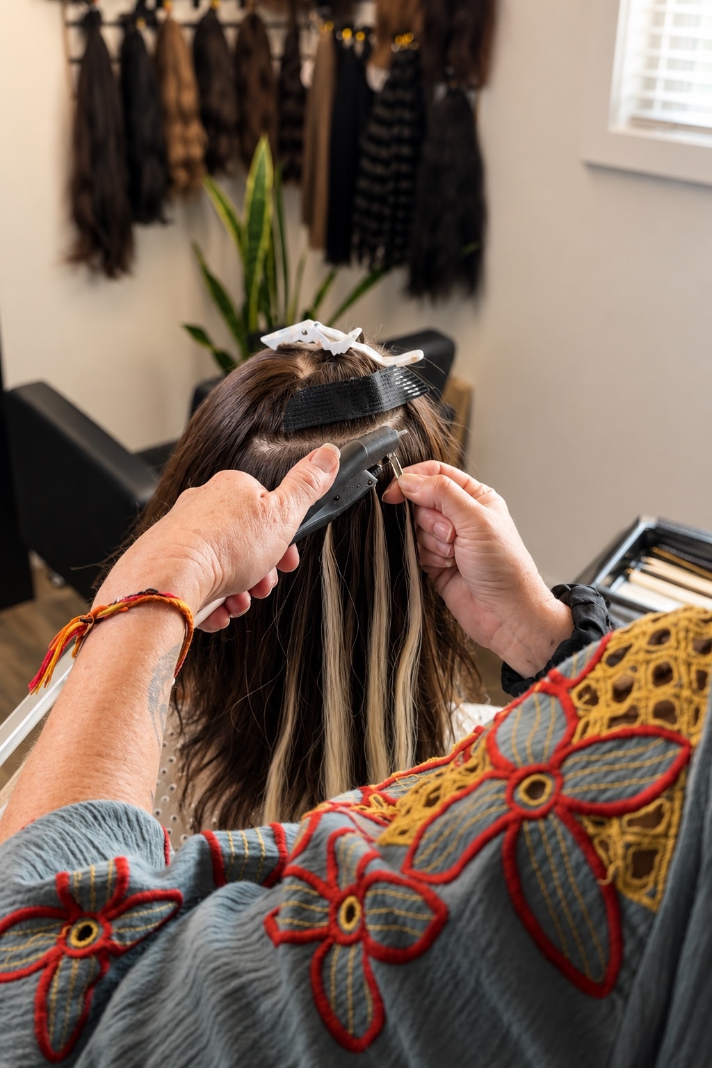 Close-up of a student using a heated extension tool while holding a small section of hair on a training mannequin.