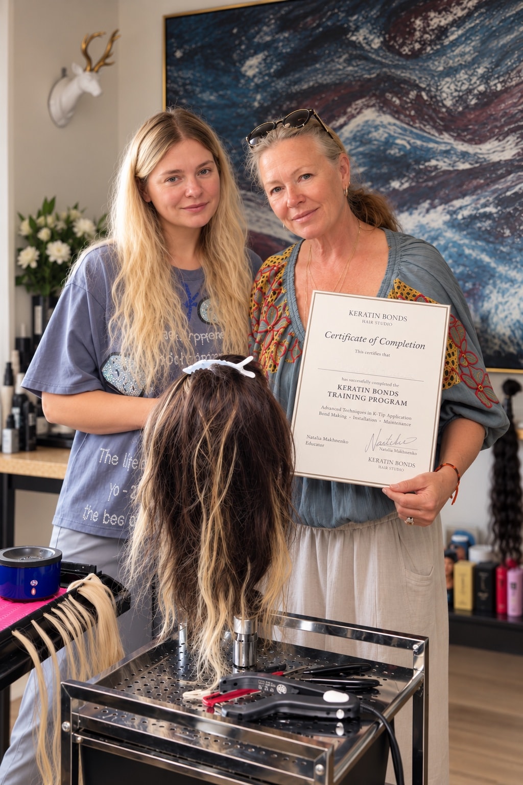 Natalia Makhnenko and a student standing beside a training mannequin, with the student holding a certificate of completion.