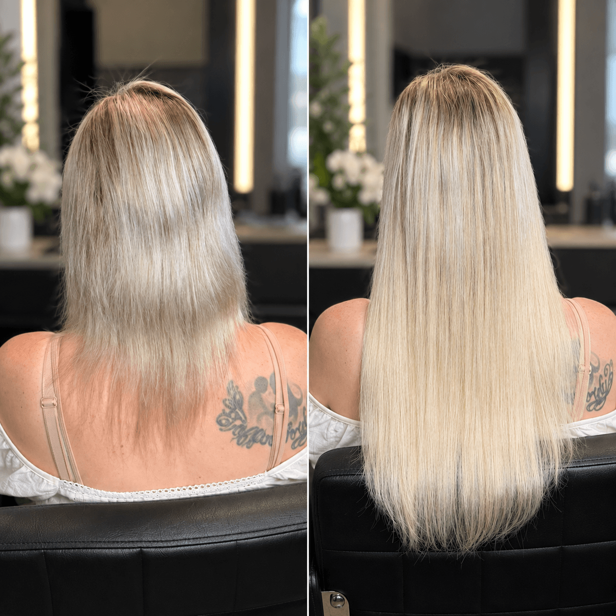 Before and after: shoulder-length blonde hair on the left and longer, fuller blonde hair on the right.