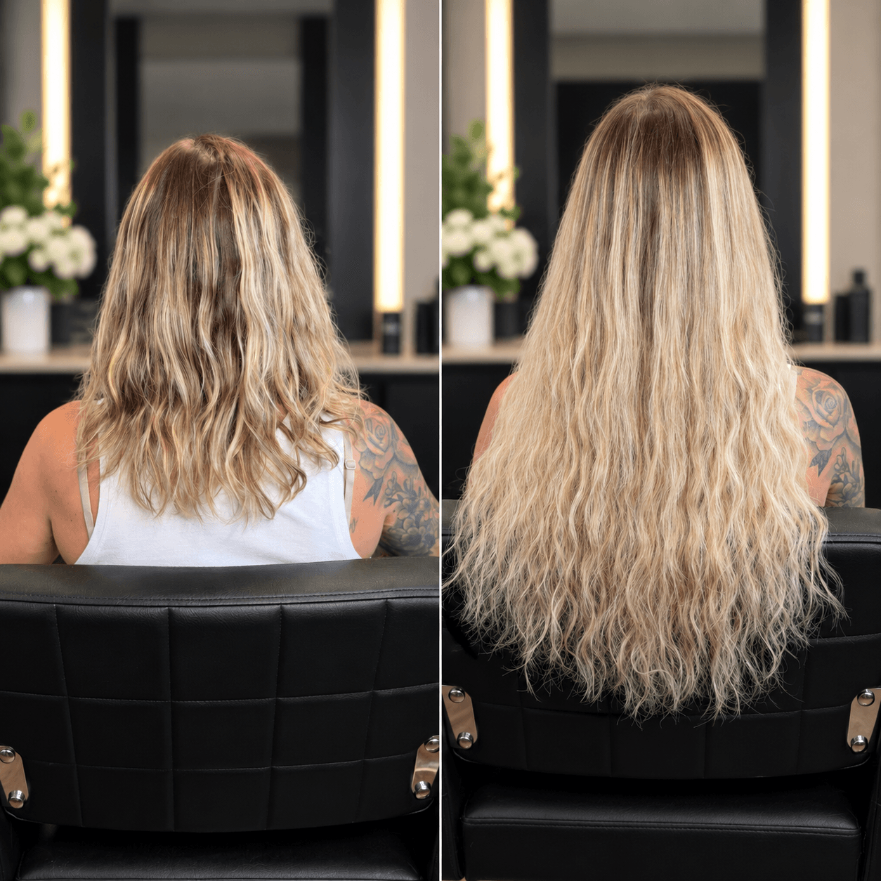 Before and after: shorter wavy blonde hair on the left and long blonde waves on the right.
