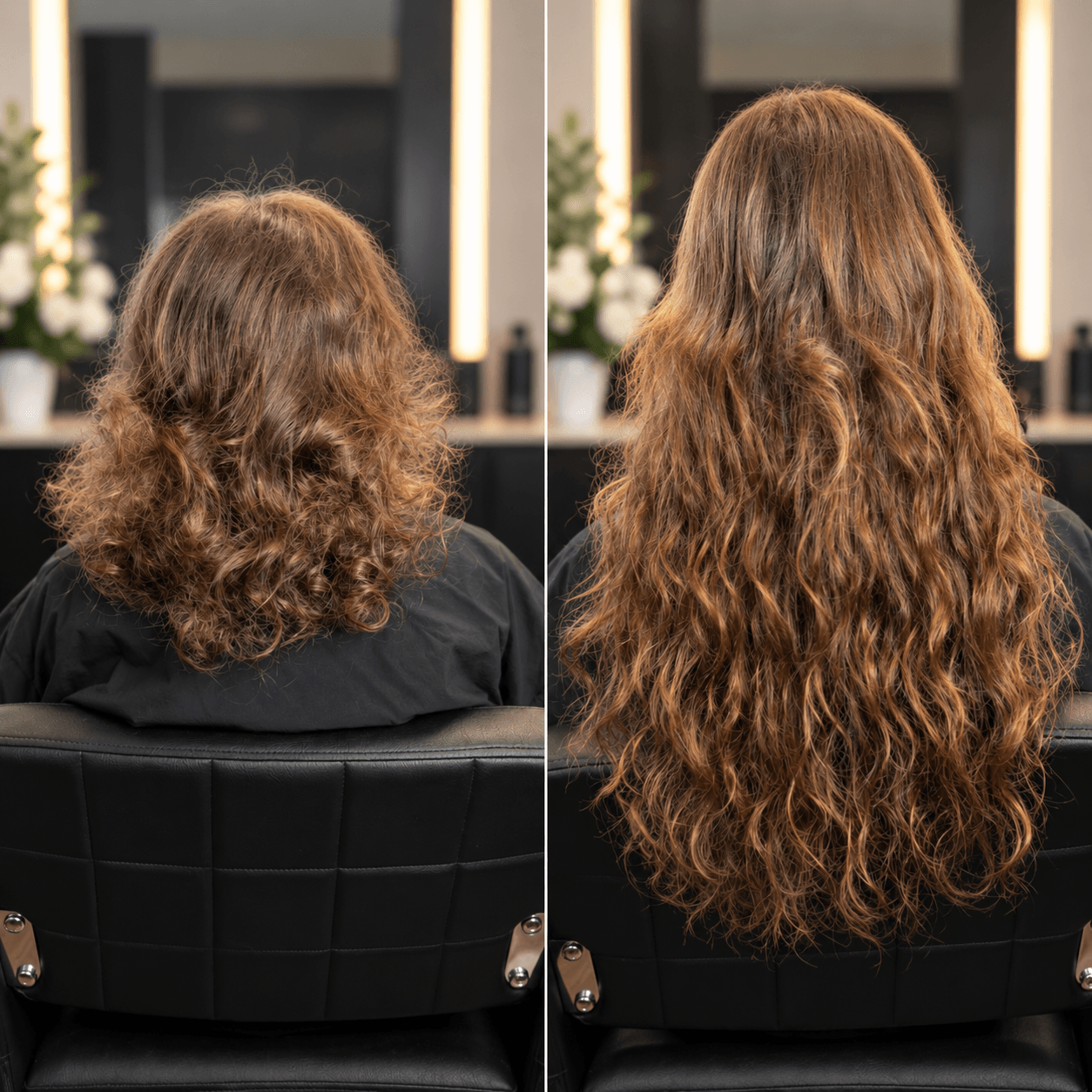 Before and after: shorter brunette curls on the left and longer brunette curls on the right.