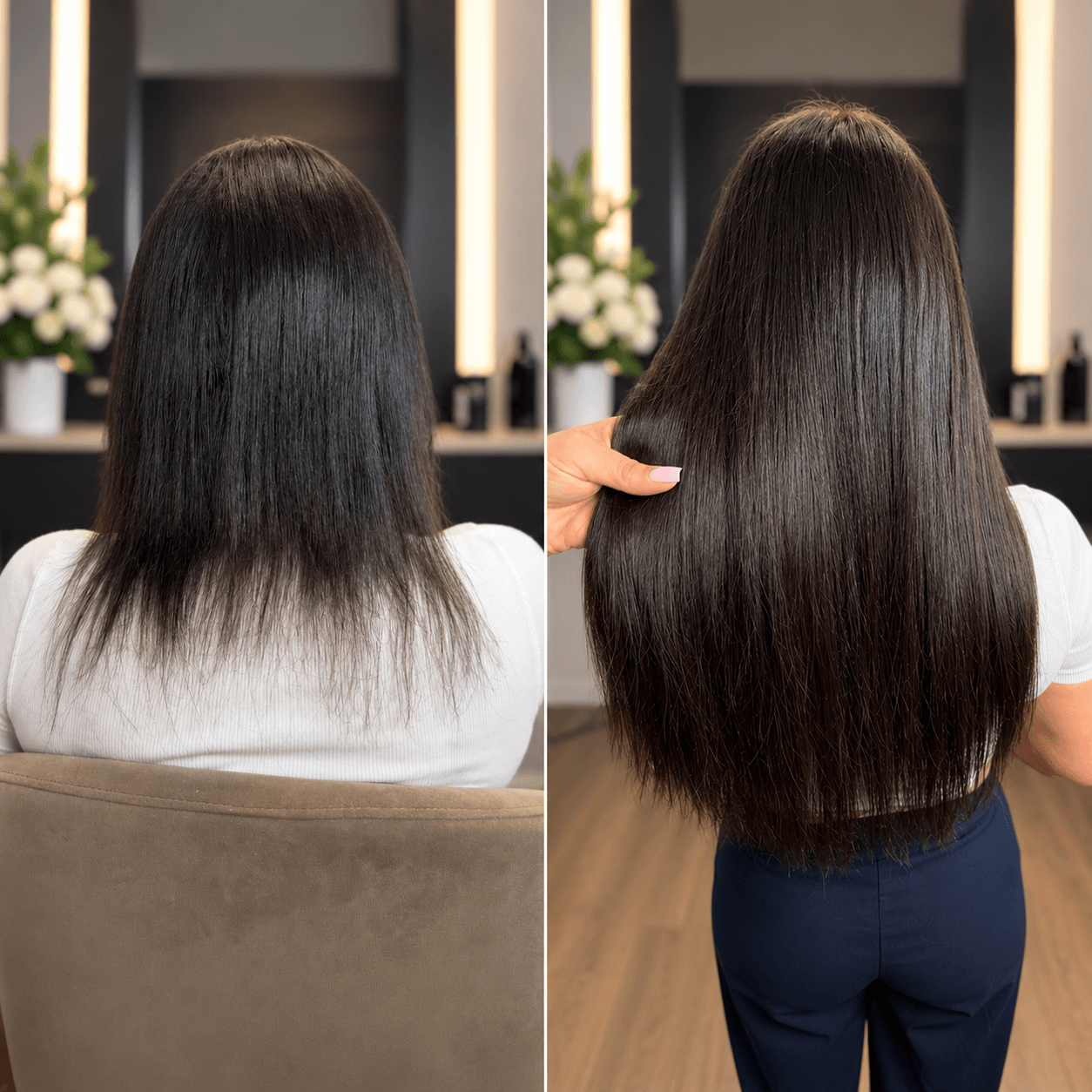 Before and after: dark shoulder-length hair with thinner ends on the left and longer dark hair with fuller ends on the right.