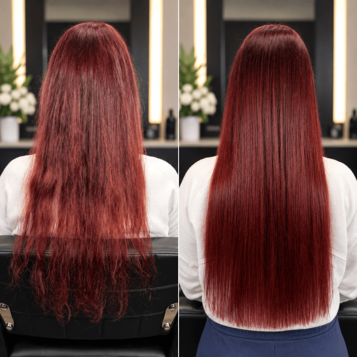 Before and after: burgundy hair with wispy ends on the left and a fuller, straighter burgundy finish on the right.