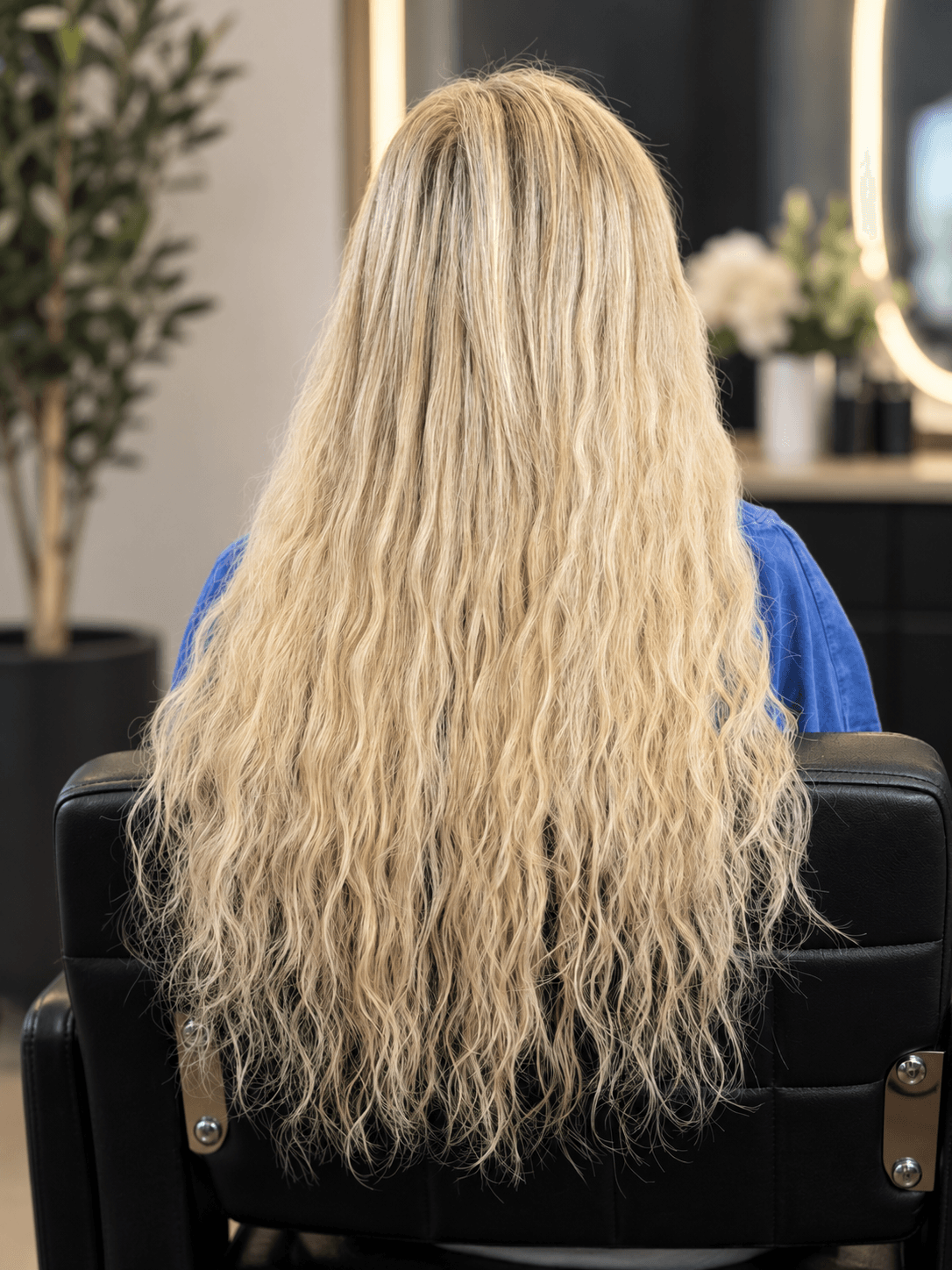 Long blonde hair with soft natural waves, photographed from behind in Natalia’s studio.