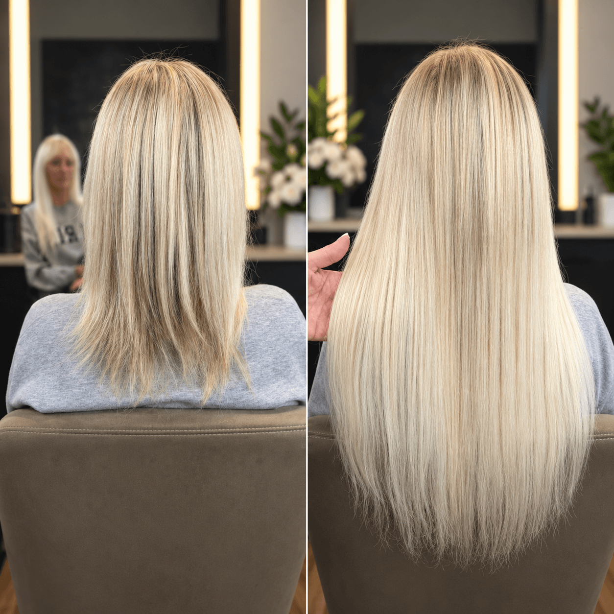 Before and after: short blonde hair on the left and longer blonde hair extending down the back on the right.